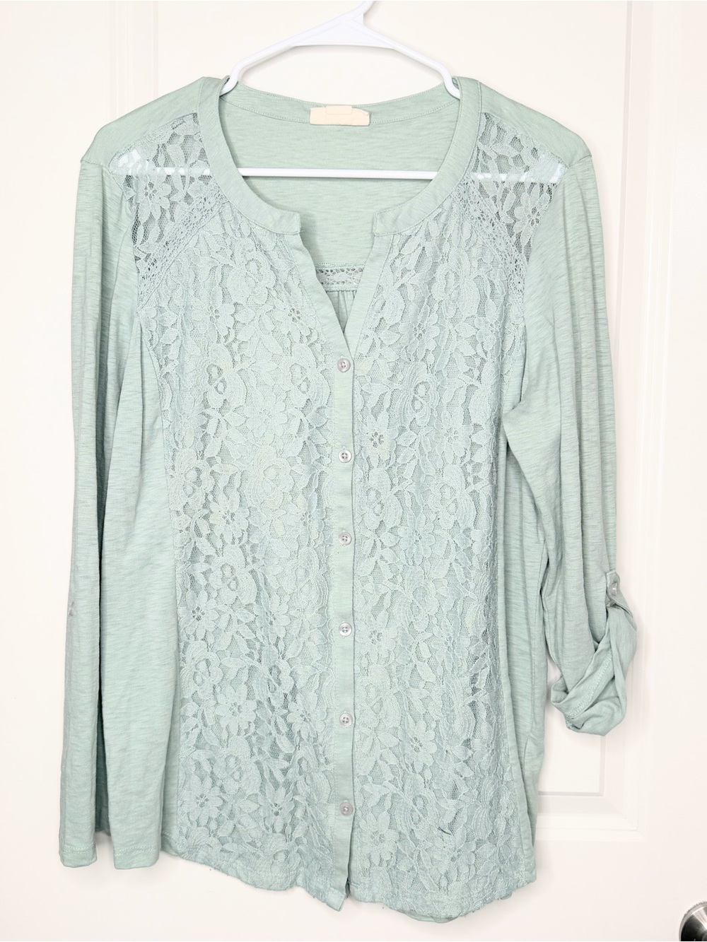 Style & Co Women L Sage Green Lace Front Button Top Roll Tab Sleeve Boho